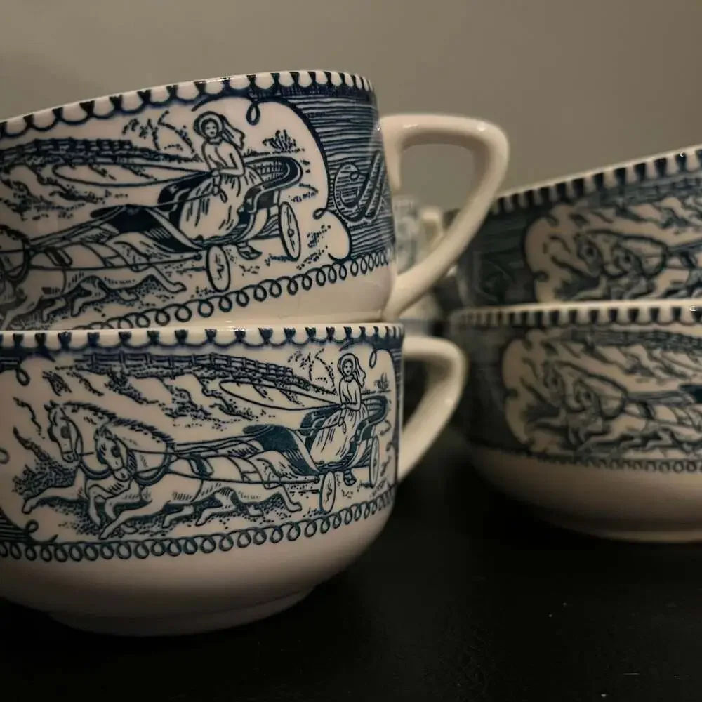 Set of 10 currier & Ives tea coffee mugs and plates